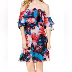 Calvin Klein Off Shoulder Floral Size 6 Multicolor Ruffle Flounce A-Line Summer